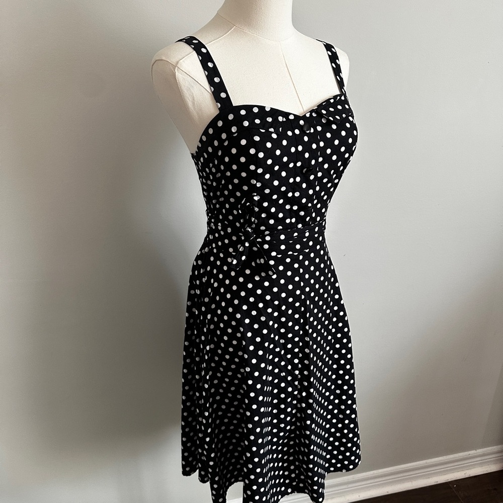 Retro Chic Black and White Polka Dot Midi Dress w/ sweetheart neck100% cotton